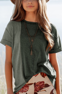 Green Girls Patchwork Short Sleeve Waffle Knit Top