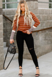 Brown Extend Color Block Cuffs Rib Knit Striped Pullover