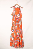 Orange Halter Neck Sleeveless Floral Dress with Slits