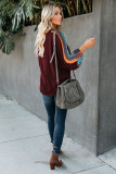Burgundy Pattern Print Splicing Waffle Knit Blouse