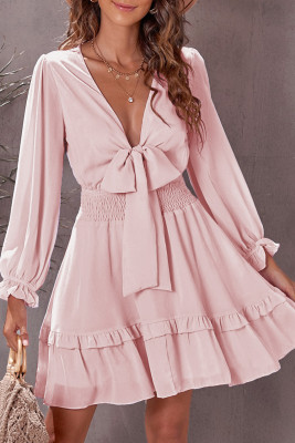Pink Deep V Neck Lantern Sleeve Knotted Tiered Mini Dress