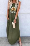 Army Green Printed O-neck Sleeveless Dresses