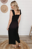 Smocked Pocketed Ruffled Sleeveless Wide Leg Jumpsuit
