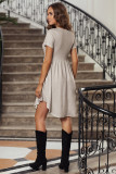 Khaki Leopard Print Short Sleeve Pleated Mini Dress