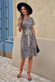 Leopard Short Sleeve Pocketed Drawstring Casual Dress