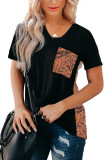 Black Women's Casual Printed Splicing Pullover Pocket T-shirt