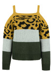Leopard Color Block Drew Shoulder Knit Sweaters