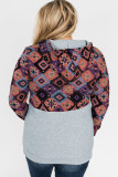 Aztec Print Colorblock 1/4 Zip Kangaroo Pocket Plus Size Hoodie