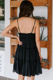 Black Spaghetti Straps Ruched Ruffled Mini Dress