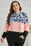 Plus Size Leopard Colorblock Splicing Hoodie with Pocket