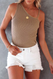 Brown Asymmetrical One-shoulder Ribbed Tank Top