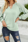 Lace Crochet Sleeves V Neck Waffle Knit Top