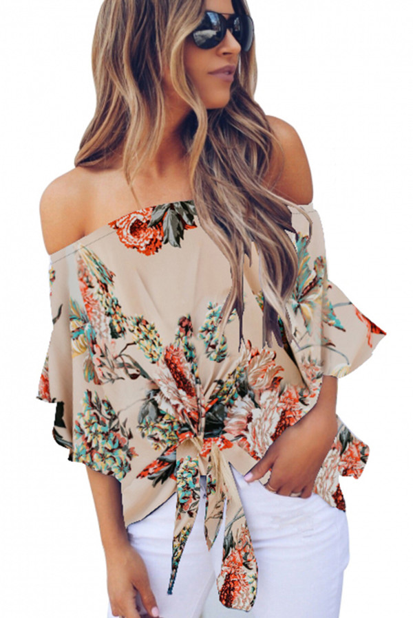 Apricot Off Shoulder Floral Tie Front High Low Chiffon Blouse