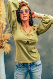 Green Cut Out Criss Cross Sweetheart Neck Long Sleeve Top