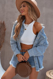 Pocket Raw Hem Buttoned Denim Jacket