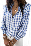 Sky Blue Plaid Print Ruffled Buttoned Shirt