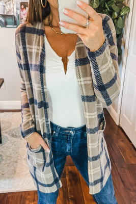 Khaki Plaid Pockets Open Front Cardigan