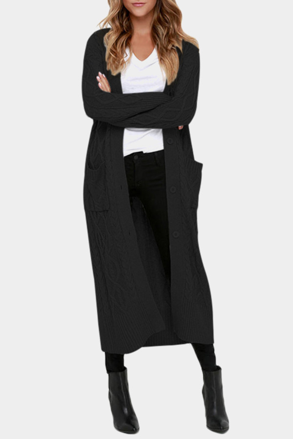 Black Cable Knit Open Front Long Cardigan