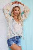White Tasseled Drawstring V Neck Printed Bibshop Sleeve Blouse