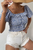 Blue Puffy Sleeves Smocked Square Neck Floral Crop Top