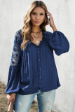 Blue V Neckline Lace Shoulder Patchwork Blouse