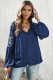 Blue V Neckline Lace Shoulder Patchwork Blouse