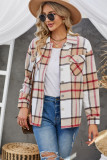 Khaki Plaid Print Buttoned Shirt Coat with Pocket