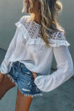 White Hollow-out Ruffle Long Sleeve Blouse