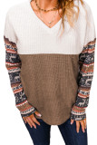 Brown Christmas Elk Color Block Waffle Knit Top