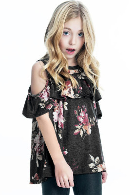 Black Ruffled Cold Shoulder Floral Girls' Top
