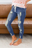 Blue Drawstring Elastic Waist Hole Ripped Jeans