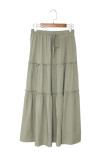 Green Solid Layered Ruffled Drawstring High Waist Maxi Skirt