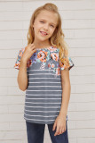 Gray Round Neck Floral Striped Print Kid's Tee