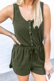 Green Buttons Drawstring Elastic Waist Sleeveless Romper