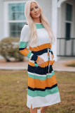 Green Multicolor Block Drawstring Waist Long Sleeve Midi Dress