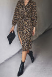 Button Down High Waist Leopard Midi Dress