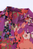 Purple Graffiti Printed V Neck Puff Sleeve Blouse
