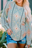Sky Blue Geometric Aztec Print Long Sleeve Blouse