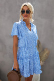 Blue Dotted Print Split Neck Flutter Sleeve Flowy Tunic Mini Dress