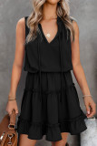 Black Sleeveless V Neck Ruffled Swing Mini Dress