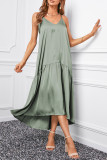 Green Spaghetti Strap Ruffled Satin Maxi Dress
