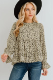Apricot Printed Ruffled Funnel Neck Puff Sleeve Blouse