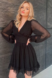 Black V Neck Lantern Sleeve Swiss Dot Mini Dress