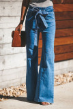 Blue High Waist Vintage Wide Leg Belted Stretchy Denim Jeans