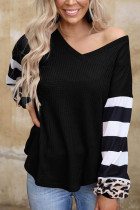 Black Leopard Striped Splicing V-Neck Long Sleeve Top