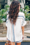 V Neck Stripes Roll up Sleeve Button Down Shirt