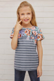 Gray Round Neck Floral Striped Print Kid's Tee