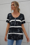 Black Buttoned Tie-dye Short Sleeve Top