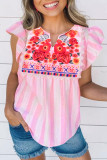 Striped Floral Ruffled V-Neck Blouse