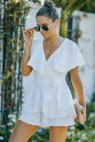 White Flounce Open Back Lace-up Wrap V Neck Romper